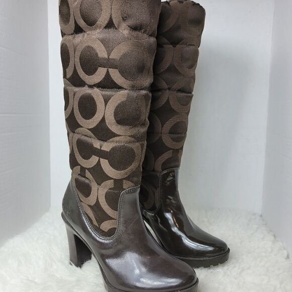Coach Loryn Heel Womens Boots Size 6.5 Brown Quilted Tall Puffer Logo Signature - Picture 1 of 9